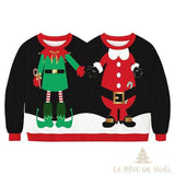 Pull à deux encolures vu de face, imprimé costume de lutin à gauche et Père Noël à droite