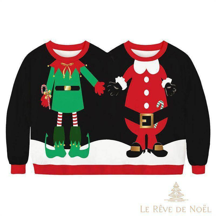 Pull à deux encolures vu de face, imprimé costume de lutin à gauche et Père Noël à droite