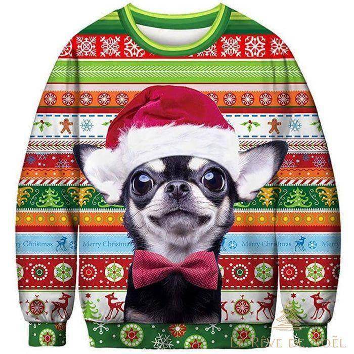 Pull de Noël à motif chihuahua en bonnet de Père Noël et nœud papillon rouge, col vert rayé