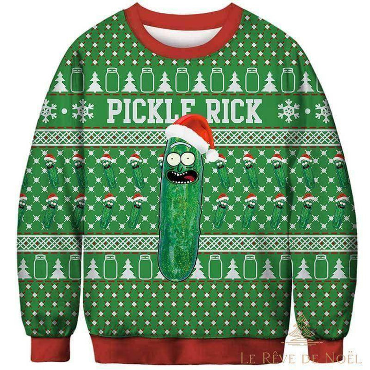 Sweat de Noël vert à col rouge, cornichon à bonnet de Père Noël, motif sapins et bocaux