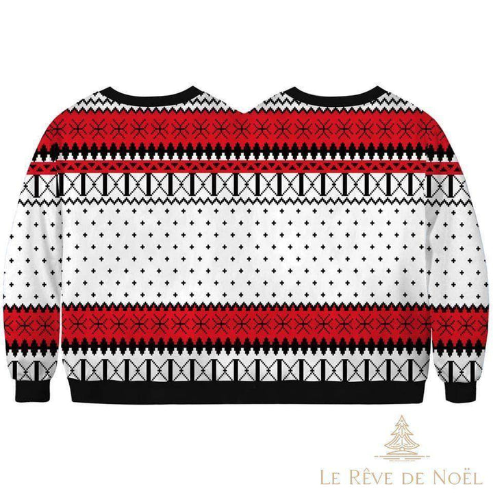 Dos du pull de Noël double à deux encolures, rayures rouges et noires sans motif figuratif