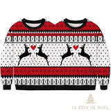Pull de Noël double à deux encolures, motif rennes noirs et cœurs rouges, vue de face