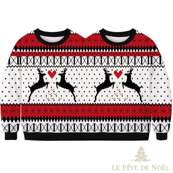 Pull de Noël double à deux encolures, motif rennes noirs et cœurs rouges, vue de face