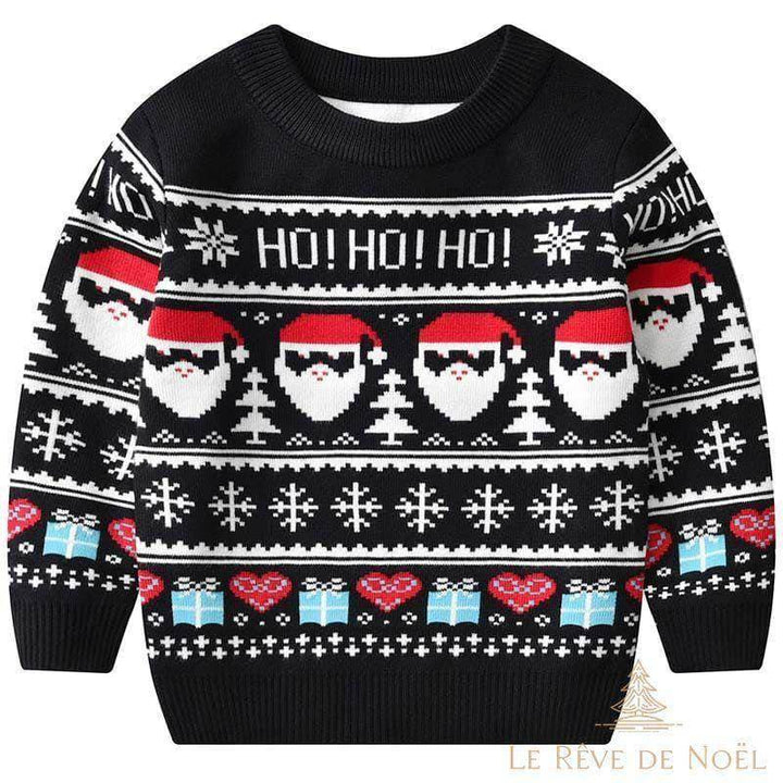 Pull de Noël enfant noir avec visages de Père Noël à lunettes et texte Ho Ho Ho, cadeaux au bas