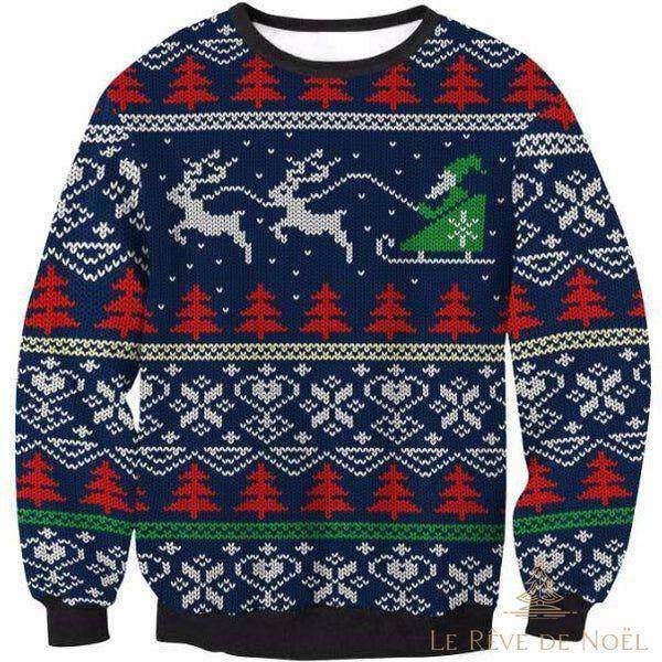 Pull de Noël bleu marine à col noir, motif de traîneau tiré par deux rennes et sapins rouges