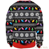 Dos d'un pull de Noël noir à guirlande lumineuse multicolore et flocons blancs, bordure rouge