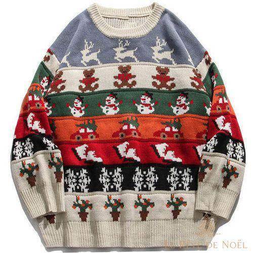 Pull de Noël moche à bandes multicolores : rennes, oursons, bonhommes de neige et sapins