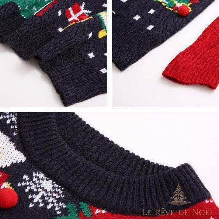 Gros plan sur les finitions du pull moche de Noël : poignets côtelés et col rond tricoté