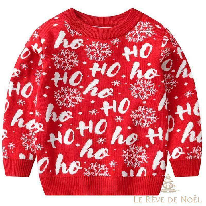 Pull de Noël enfant rouge couvert de flocons blancs et du texte ho ho ho répété