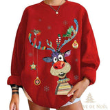 Pull rouge oversize avec renne comique multicolore imprimé, boules suspendues et oiseau