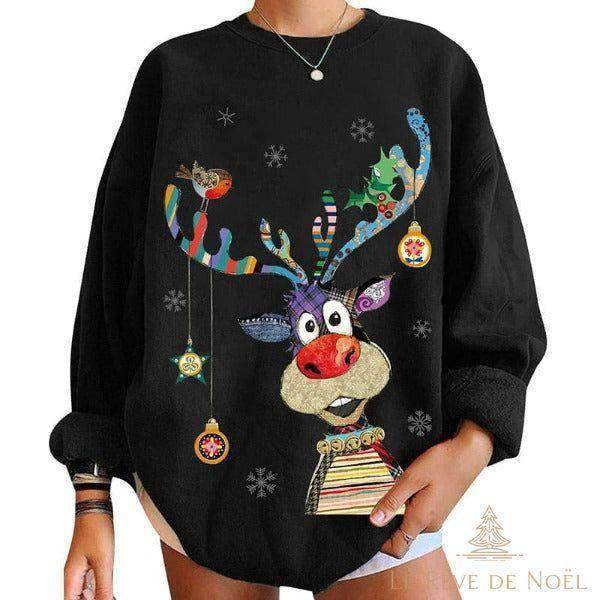 Pull noir oversize avec renne comique multicolore imprimé, boules suspendues et oiseau