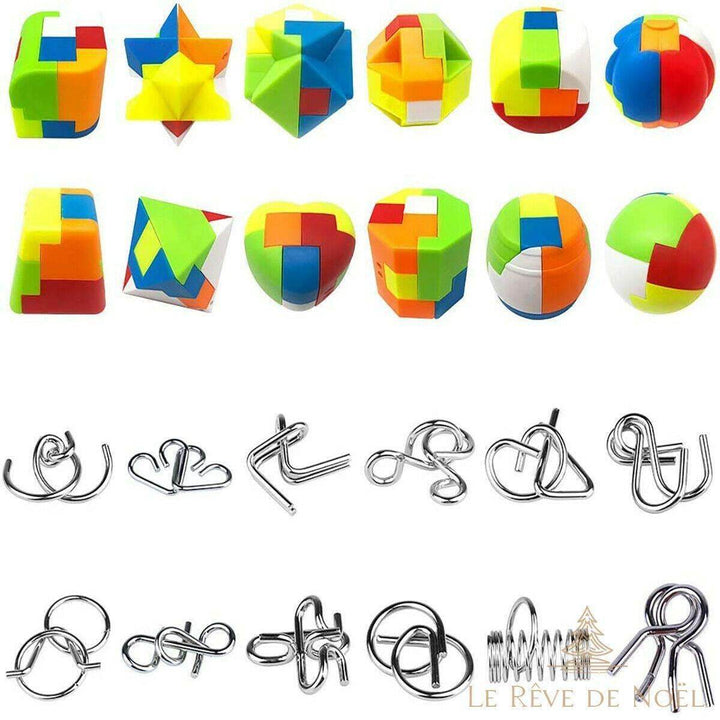 Les 24 casse-têtes alignés sans emballage : formes 3D colorées et puzzles en fil de métal