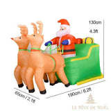Schéma coté de la structure gonflable : traîneau vert, Père Noël et deux rennes, 190x65x130 cm