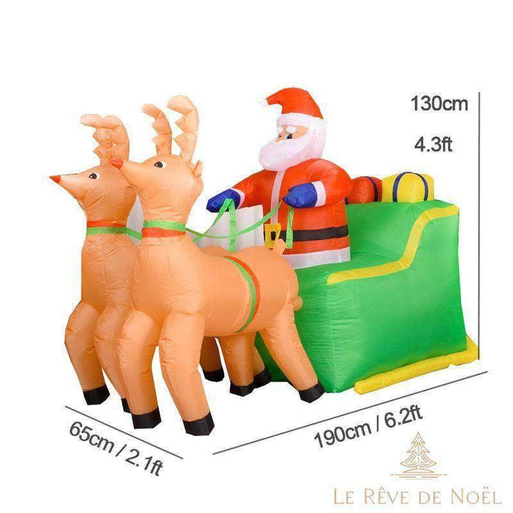 Schéma coté de la structure gonflable : traîneau vert, Père Noël et deux rennes, 190x65x130 cm