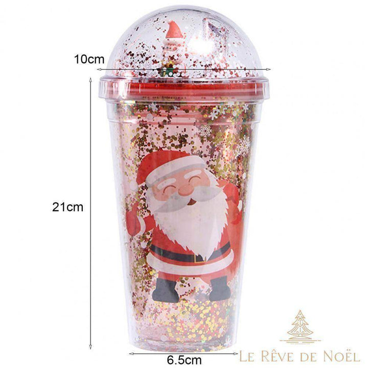 Schéma des dimensions du gobelet Père Noël pailleté : 21 cm de haut, 10 cm au dôme, 6,5 cm à la base