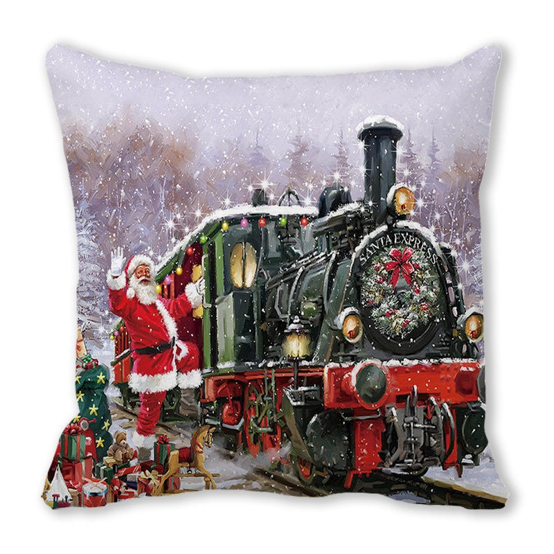 Housse de coussin de Noël : Train et Père Noël