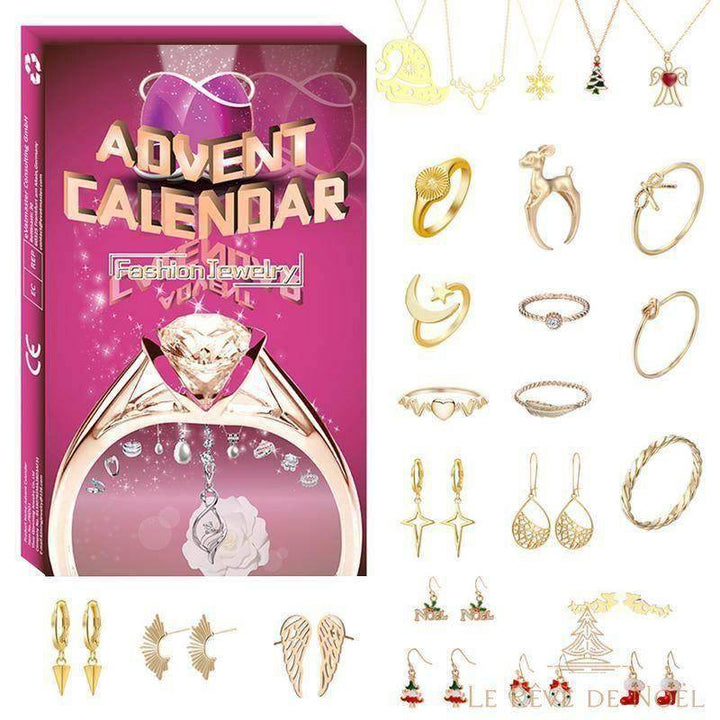 Même boîte rose, avec les 24 bijoux dorés du calendrier étalés : colliers, bagues et boucles d'oreilles de Noël
