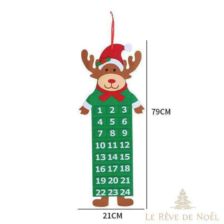 Calendrier de l'avent en feutrine forme de renne au bonnet de Père Noël, 24 poches numérotées, hauteur 79 cm, fond blanc