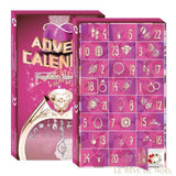Boîte rose du calendrier de l'avent bijoux à côté du calendrier ouvert, 24 cases numérotées à icônes bagues et colliers