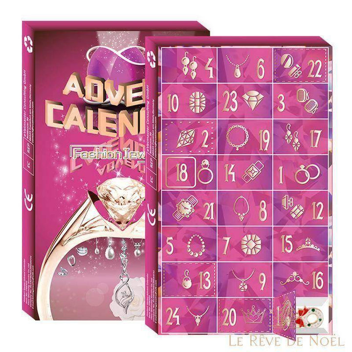 Boîte rose du calendrier de l'avent bijoux à côté du calendrier ouvert, 24 cases numérotées à icônes bagues et colliers