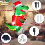 Schéma du contenu du colis : dinosaure gonflable, piquets, cordes, adaptateur et sacs de sable