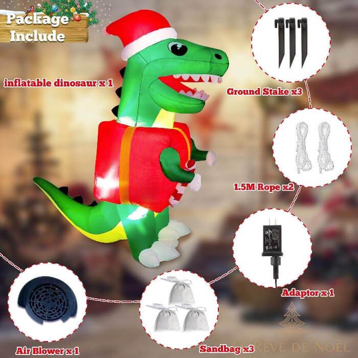 Schéma du contenu du colis : dinosaure gonflable, piquets, cordes, adaptateur et sacs de sable