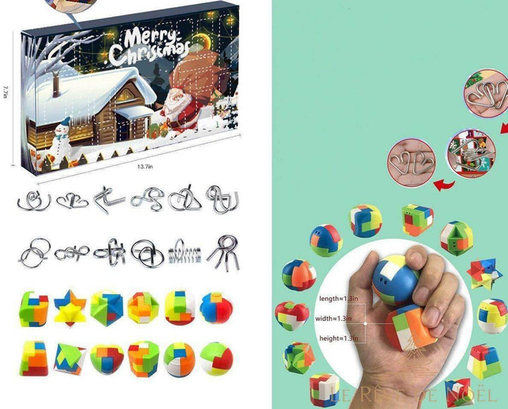 Boîte du calendrier casse-tête et ses 24 énigmes : puzzles métalliques et boules colorées