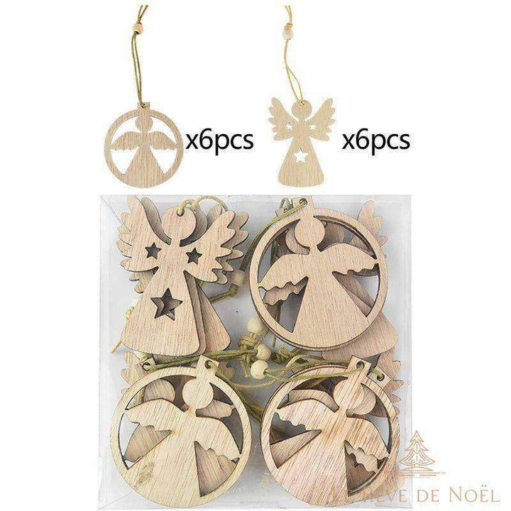 Anges de Noël en bois ajouré, deux modèles (rond et silhouette), emmêlés dans une boîte avec cordon