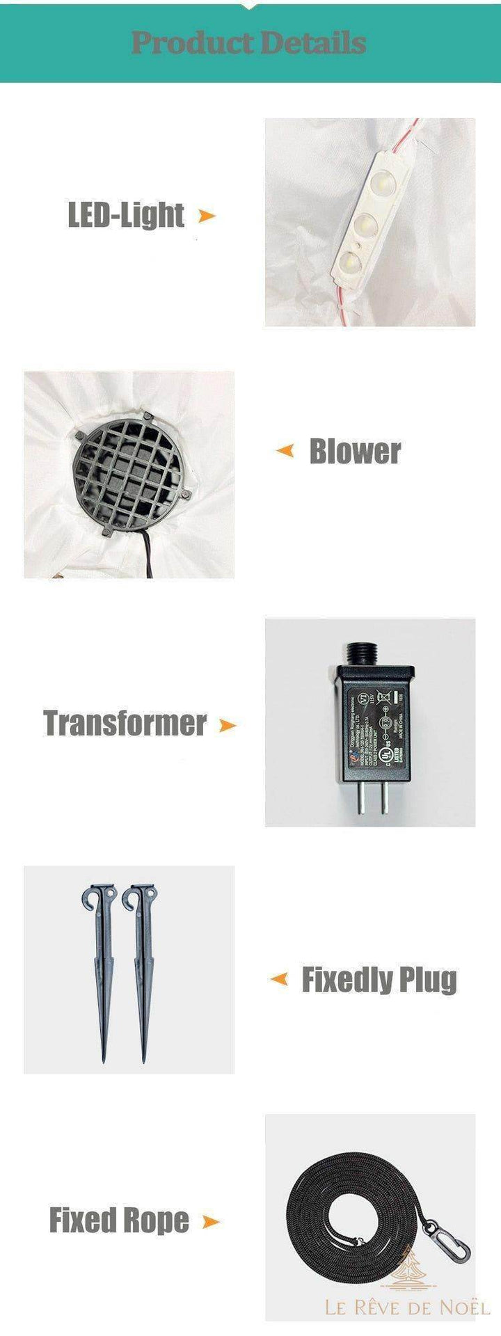 Schéma des accessoires inclus : ampoule LED, ventilateur, transformateur, piquets et corde de fixation