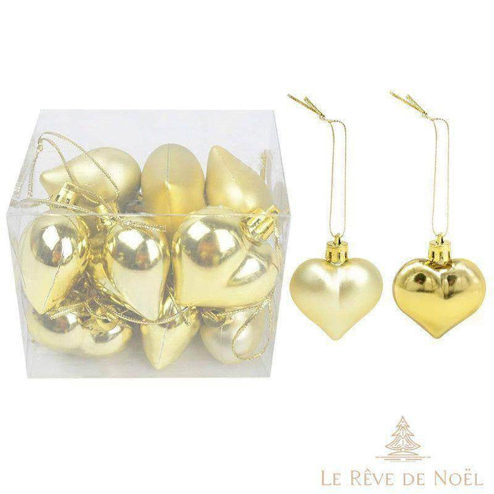 Boules de Noël en forme de cœur doré, finitions brillante et mate, suspendues à un cordon