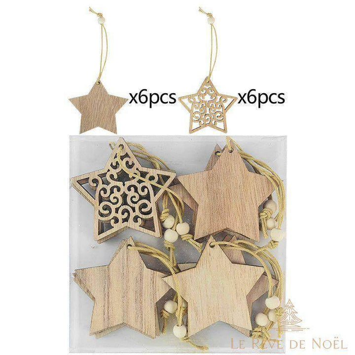 Étoiles de Noël en bois, un modèle plein et un modèle ajouré, emmêlées dans une boîte avec cordon