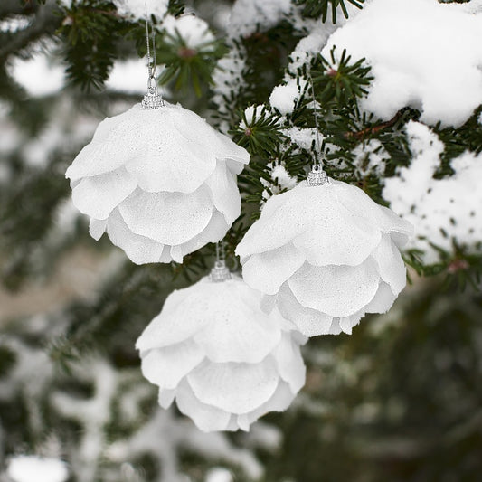 Lot de 3 boules de Noël - Neige blanche en forme de rose