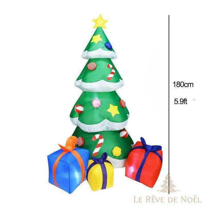 Sapin de Noël gonflable vert avec étoile et guirlandes, entouré de trois cadeaux gonflables, 180 cm