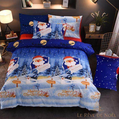 Housse de couette bleu marine avec portraits du Père Noël, rennes et bonhommes de neige