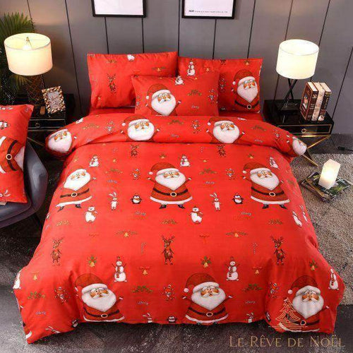 Housse de couette rouge à motifs de Père Noël, rennes, bonhommes de neige et pingouins
