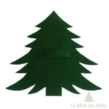 Porte-couvert en feutrine verte en forme de sapin, vu seul à plat avec sa bande centrale