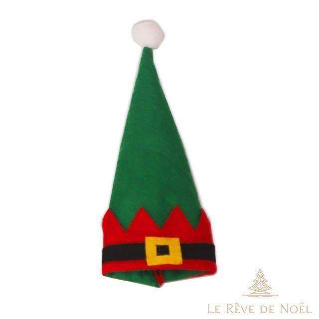 Porte-couvert en forme de bonnet de lutin vert et rouge, pompon blanc et ceinture dorée