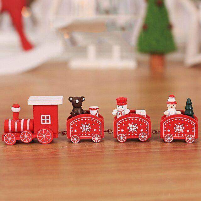 Train de Noël miniature en bois rouge et blanc avec ourson, bonhomme de neige et père Noël