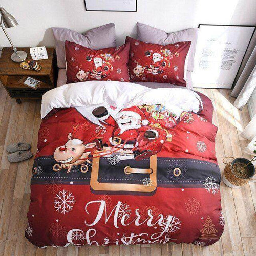 Housse de couette rouge avec Père Noël portant sa hotte, renne et large ceinture noire imprimée