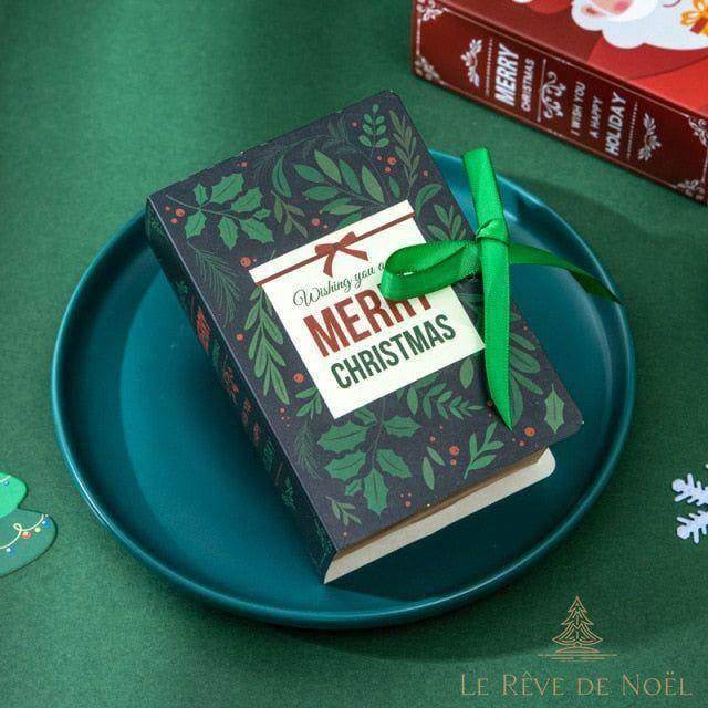 Boîte biscuits en forme de livre, motif feuillage vert foncé, ruban vert noué