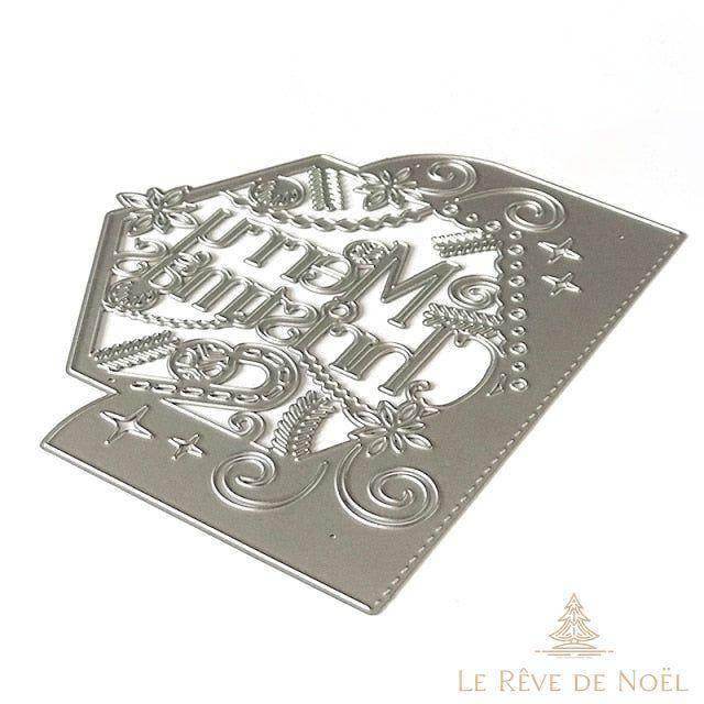 Pochoir de découpe en métal avec texte cursif Merry Christmas et fleurs aux quatre coins